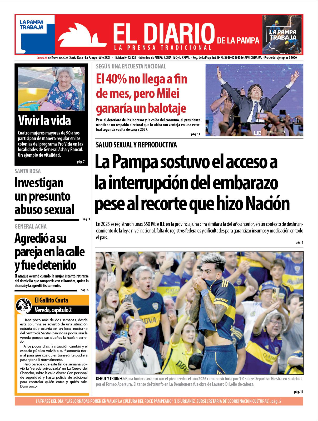Tapa de El Diario en papel  lunes 26 de enero de 2026